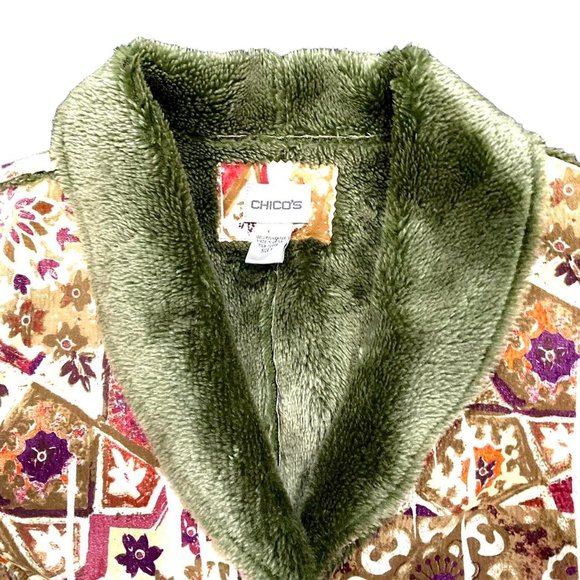 CHICO'S Sage Green Paisley Faux Shearling Suede Jacket Coat Sz 1 Medium 8 10 - Picture 3 of 4